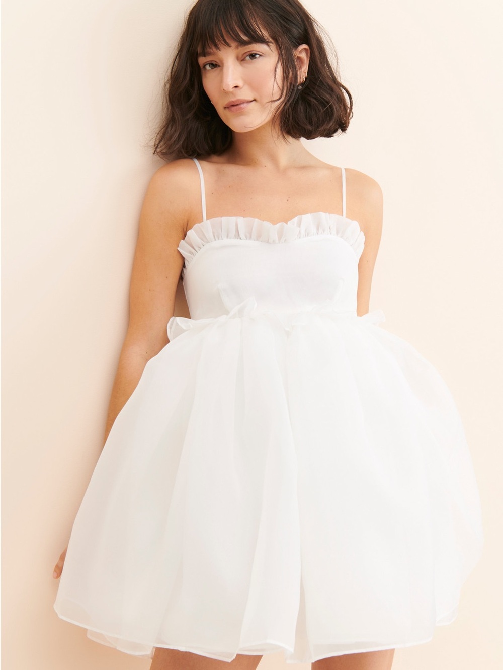Selkie White Ruffle-Trim Spaghetti Strap Mini Dress
